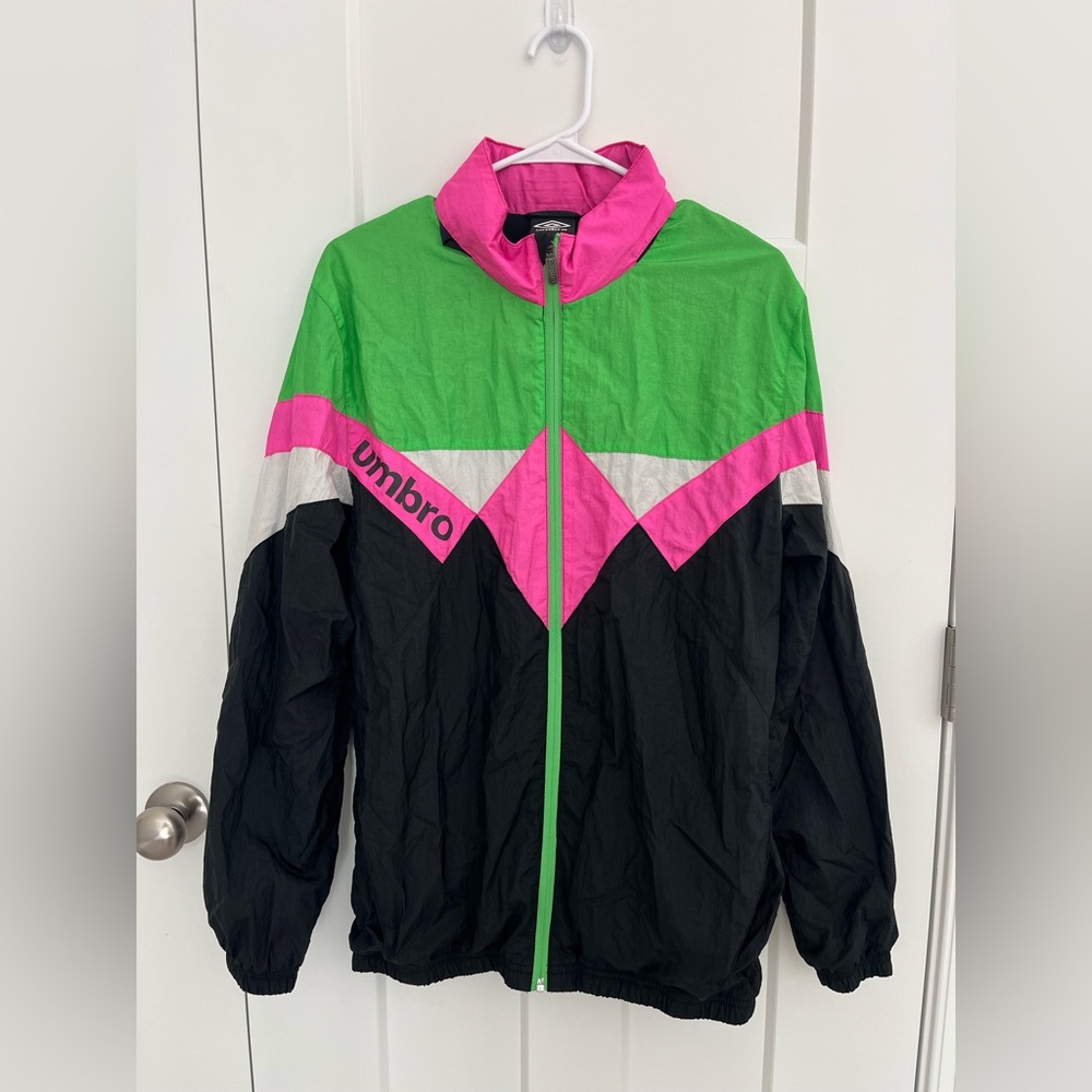 Vintage Umbro Men’s Medium Windbreaker Jacket Black Green Pink Colorblock 90s
